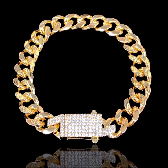 Gold Chain Bracelet with Rhinestone Clasp Italian Puff Cuban Chain CZ Bracelet